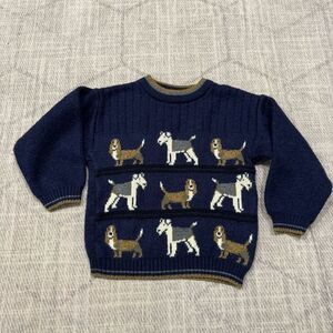 Vtg. TKS Basics Dog Print Sweater Crewneck Acrylic Knit Blue sz 4T